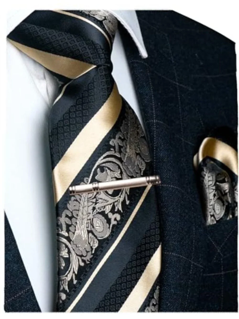 Jacquard Woven Silk Blend Necktie Set with Pocket Square and Tie Clip